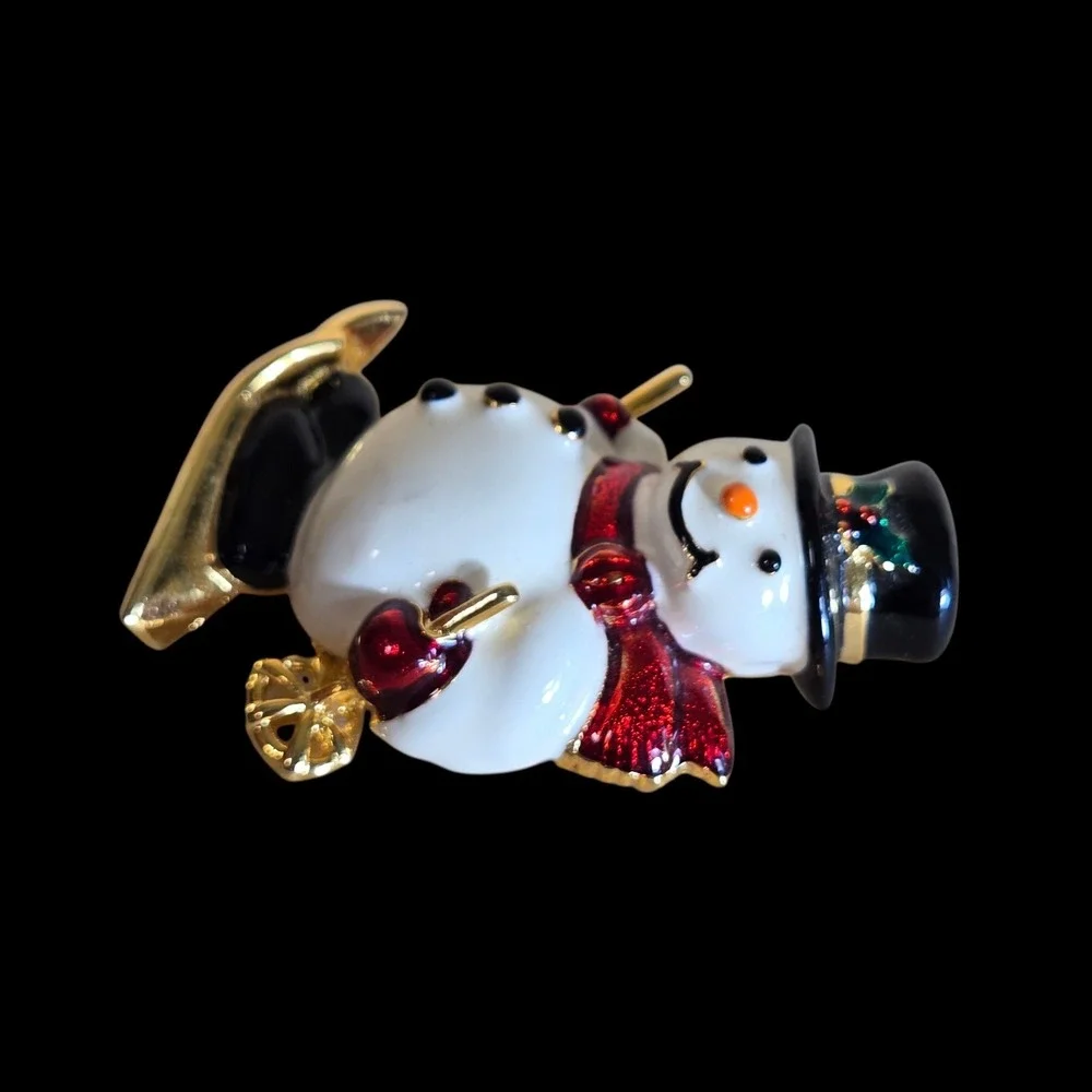 Vtg Joan Rivers Enamel Snowman Skiing Gold Tone Brooch HTF Holiday Christmas Pin